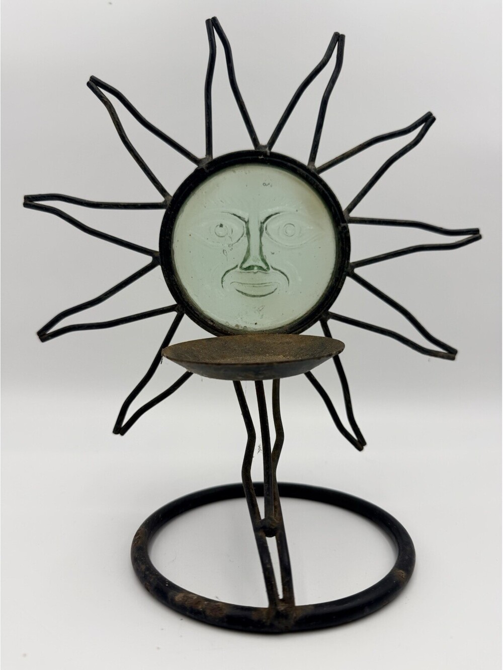 VTG Celestial Sun Face Pale Green Glass Candle Holder Wrought Iron Boho Decor